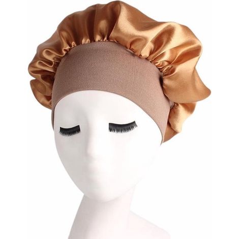 Bonnet de nuit en satin - Taille XL - Soin des cheveux - Large bande élastique - Doré - Accessoire coiffure (1/3)