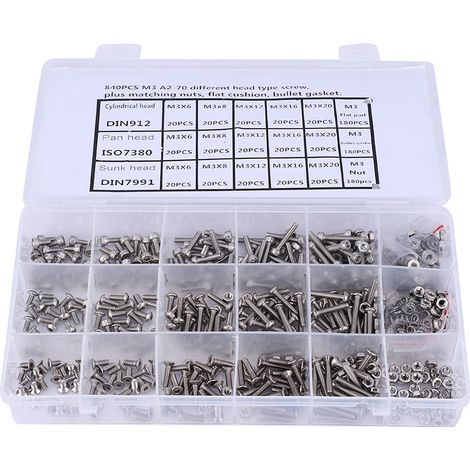Vis M3 - Écrou M3 - Rondelle M3 - Kit Visserie Inox Cylindrique à Tête Fraisée - 840 Pièces (1/5)
