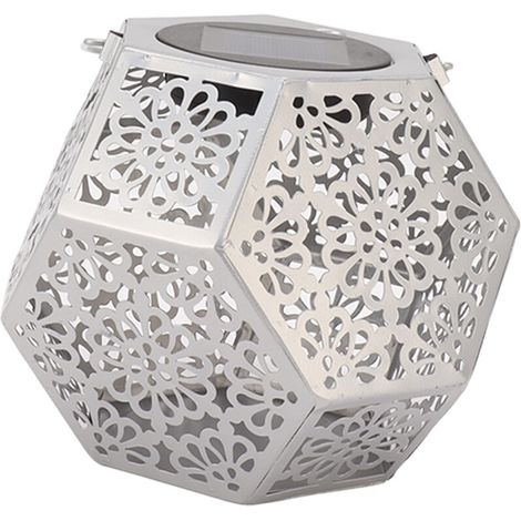 Lanterne solaire LED étanche IP44, lanterne décorative suspendue argentée de forme polygonale, alimentée par énergie solaire, pour jardin extérieur.-AquaForge