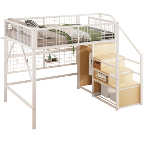 Cama Alta Doble con Escalera con Almacenaje, Armario y LED Regulable, 140 x 200 cm, sin Colchón, Blanco (1/5)