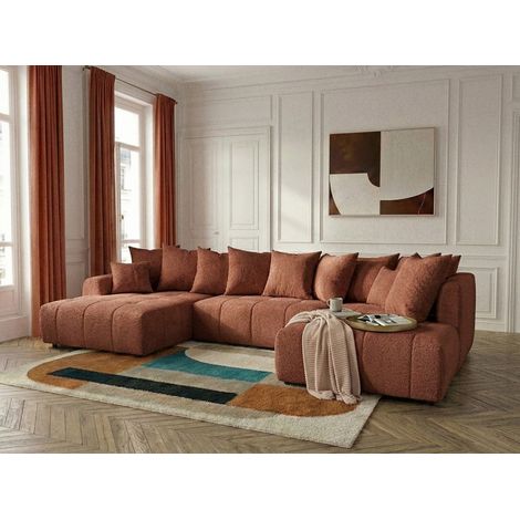 BOBOCHIC - Canapé panoramique convertible ROXELANE tissu bouclette Angle gauche Orange (1/5)