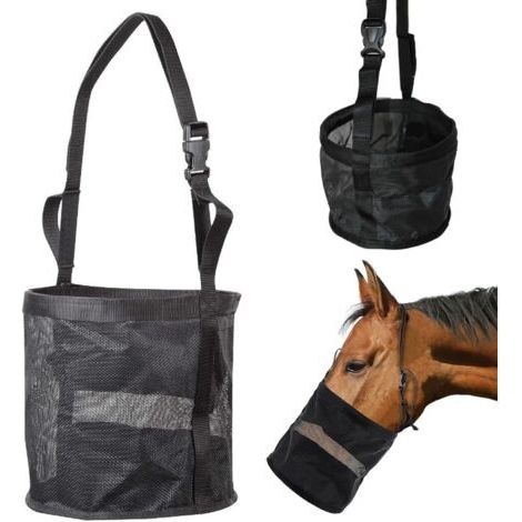 QORVA-Sac d'alimentation à cheval Sac d'alimentation en nylon en mailles de nylon avec sangle à cheval étanche réglable