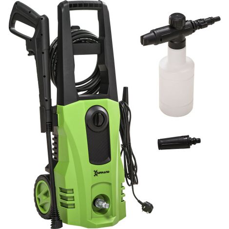 1800W High Pressure Washer delivers 150 Bar pressure, 510 L/h flow. Ideal for cars, gardens, and furniture. Includes 6M hose and snow foam bottle. (1/5)