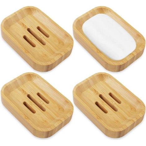 Jabonera con 4 compartimentos, Jabonera de bambú natural, Organizador de jaboneras, Jabonera con drenaje automático, ducha, Color madera natural (1/5)