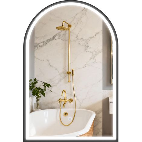 Miroir de salle de bain avec éclairage intégré 60 x 90 cm, miroir mural arqué, 3 couleurs d'éclairage, luminosité réglable, fonction antibuée, noir (1/5)