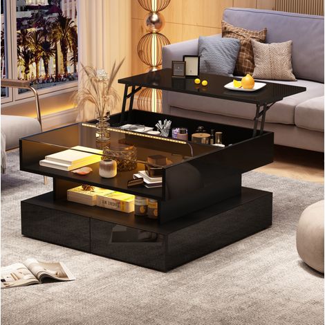 Mesa de centro cuadrada negra 80 x 80 cm, tablero elevable hidráulico, vidrio templado, 2 cajones y LED (1/5)