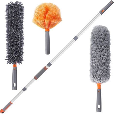 Plumeau Poussière 3 en 1, Plumeau avec Manche Démontable 3 Types Plumeau de Nettoyage Plumeau en Microfibre Plumeau Pliable Plumeau Lavable pour Nettoyage Poussière Plafond Rideau Lustre (180cm) (1/5)