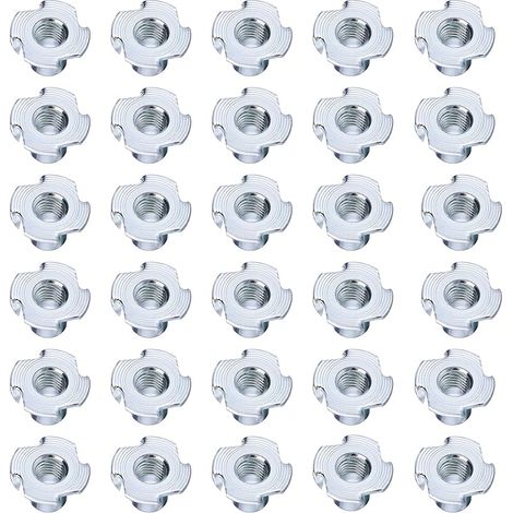SHILLIN - Lot de 30 écrous à frapper en acier au carbone galvanisé avec 4 pointes à frapper - Écrous à visser - Pour bois, planches, meubles, murs d'escalade, bricolage (M4 x 7,5)