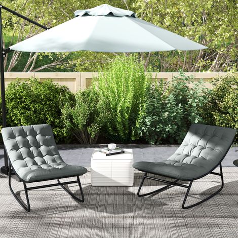 Conjunto de 2 mecedoras de exterior con cojines gruesos, asiento de tela textilene transpirable y estructura de acero, color gris.