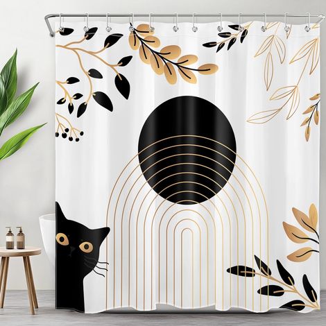Moderne Milieu du siècle Rideaux de Douche 180x180cm Noir et Or Rideaux de Bain avec Crochets,Chat Mignon Abstrait Feuille Rayée Imperméable Polyester Anti Moule Salle de Bain Décor (1/5)