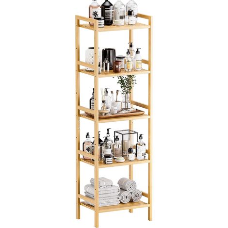 Etagere 5 Niveaux, Bibliotheque Salle de Bain Rangement Bambou avec Étagères Réglables, Support de Plantes Gain de Place, pour Salon, Balcon, Cuisine, Naturel (1/5)