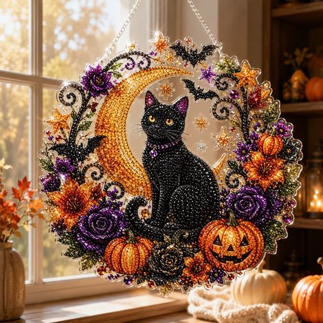 Black Cat Moon Diamond Art Hanging Ornament Kit - DIY Ornament - Style A -