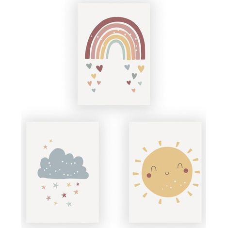 3 posters, chambre enfants garçons et filles, nuages, arc-en-ciel, soleil, posters images, décoration chambre enfants (1/5)
