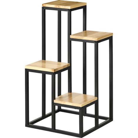 Pflanzenregal aus Metall und Holz mit 4 Ebenen unterschiedlicher Höhe, Industriestil, 34 x 34 x 66 cm