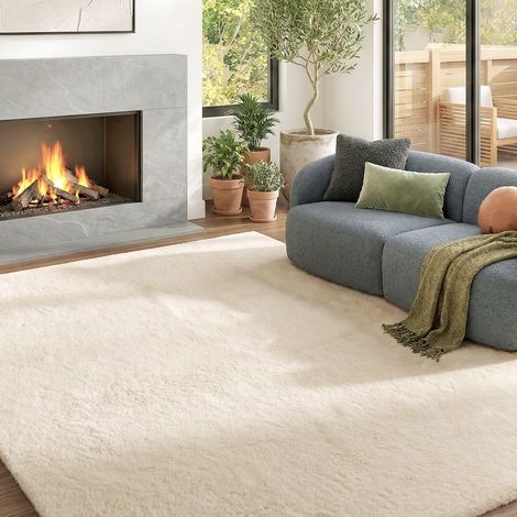 Tappeto per soggiorno 160x230 cm, lavabile in lavatrice, a pelo lungo, stile moderno, colore crema.