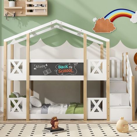 Lit superposé - KOMHTOM - Lit Cabane - 90x200 cm - Escalier 3 rangements - 2 sommiers inclus (1/5)