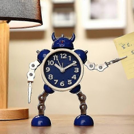 Réveil enfant, réveil robot, réveil analogique, réveil silencieux (sans tic-tac), unisexe (bleu) - KM (1/4)