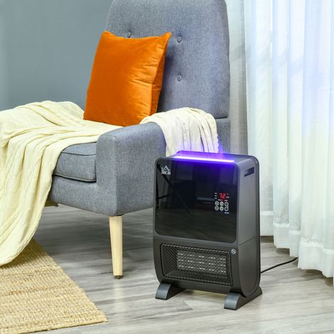 Chauffage d'appoint électrique 2 en 1 avec humidificateur. Éclairage LED 3 couleurs. Minuterie et télécommande. 33 x 21 x 49,5 cm. Noir.