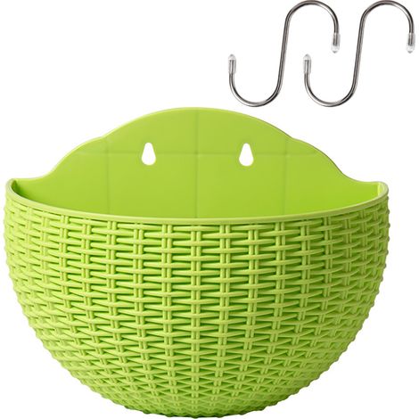 Maceta de pared, tipo cesta, semicircular, PP, 26 x 20,5 x 13 cm, luz verde, riego automático, 2 ganchos (1/5)