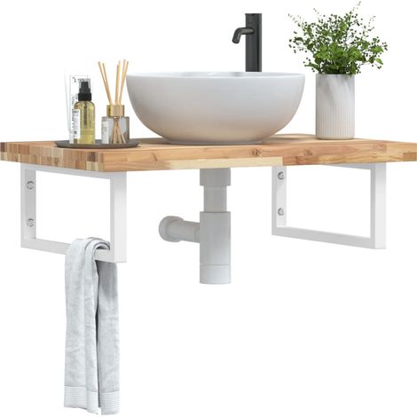 Étagère murale pour vasque en acier et bois d’acacia massif blanc 100 x 50 cm - PANGIVO (1/5)
