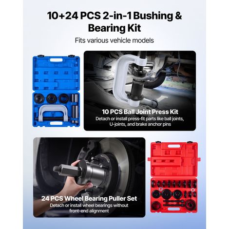 Kit de Presse à Roulements 10 + 24 Pièces, Coffret 2 en 1 de Presse Joint à Rotule et d'Extracteur de Roulement de Roue, avec 13 Ba… (1/5)