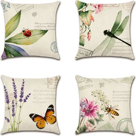Lot de 4 housses de coussin décoratives 45 x 45 cm, motifs insectes et plantes, imperméables, idéales pour terrasse ou jardin. (1/5)