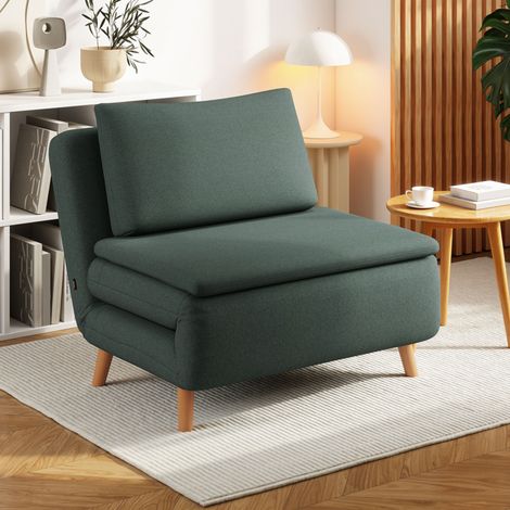 Poltrona letto 3 in 1 con funzione letto, reclinabile, schienale regolabile, gambe in legno di faggio, cuscino, verde scuro