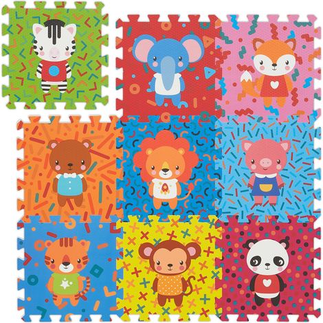 Relaxdays Tapis de jeu, 9 pièces, animaux, sans substances nocives, mousse EVA, 86x86 cm, chambre d'enfant, multicolore