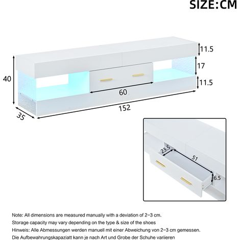 Meuble TV blanc avec éclairage LED niches et tiroirs plateau acrylique L1523540 cm pour salon (1/4)
