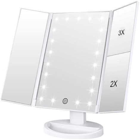 Specchio da trucco con 21 luci LED, touchscreen regolabile e ingrandimento 1x/2x/3x, specchio per il trucco pieghevole in tre parti (bianco) (1/5)