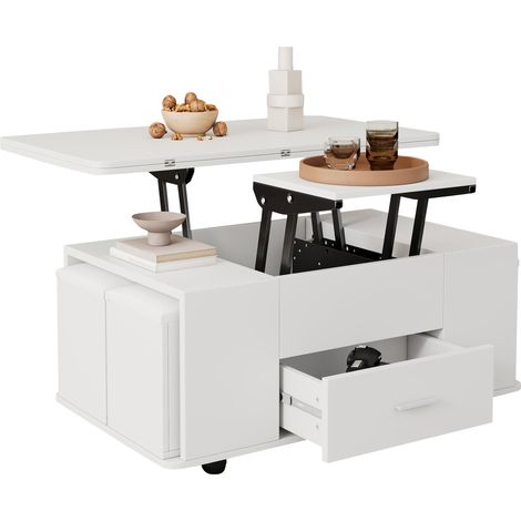 Table basse relevable extensible blanche avec 4 poufs, transformable en table à manger 100x100 cm (1/5)