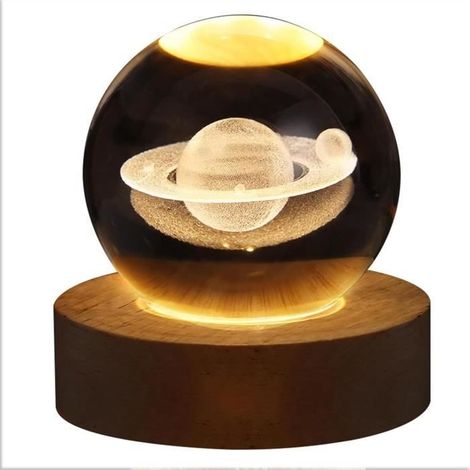 Lampe Boule de Cristal - Lampe Saturne Lampe Boule Verre avec Lumière LED Colorée et Base en Bois, Lampe Decorative Lampe Planete (1/4)