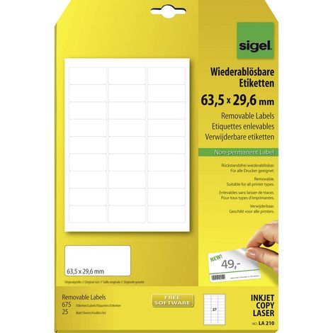 Sigel LA210 Etichetta universale 63.5 x 29.6 mm Carta Bianco 675 pz. Staccabile Stampante a getto d'inchiostro, Stampan (1/3)
