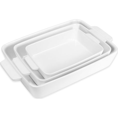 Lot de 3 Plats à Four en Céramique Blancs avec Poignées, Empilables (1/5)