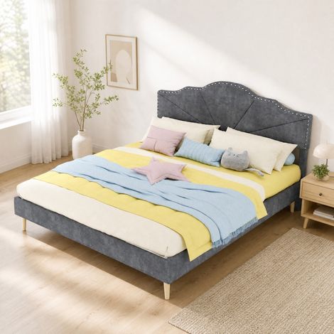 Cama 160x200 con cabecero tapizado, somier de láminas, gris HAVRYA (1/5)