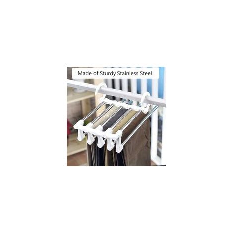 Set ausziehbarer und faltbarer Hosenbügel aus Edelstahl mit Magic Hanger Aufbewahrungssystem, weiß. – Crezuo