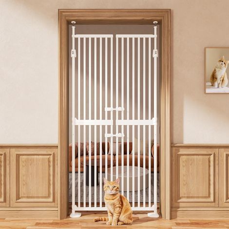 Barrière de sécurité pour chat de 180,3 cm de haut, 86 à 90 cm de large, espace extra étroit de 3,4 cm, fermeture automatique, sans perçage, double porte pour animaux de compagnie pour portes, cuisine (1/5)
