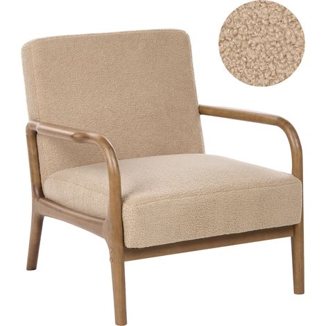 Sillón moderno de mediados de siglo estructura de madera asiento y respaldo de bouclé butaca retro beige Sennels (1/5)