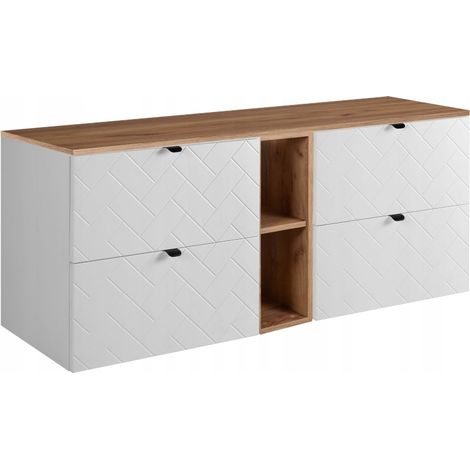 Rodan Waschbeckenunterschrank 140 cm, Weiß Matt, 46 x 140 x 62,3 cm, mit brauner Waschtischplatte und Badregal, feuchtraumgeeignet, Badmöbel
