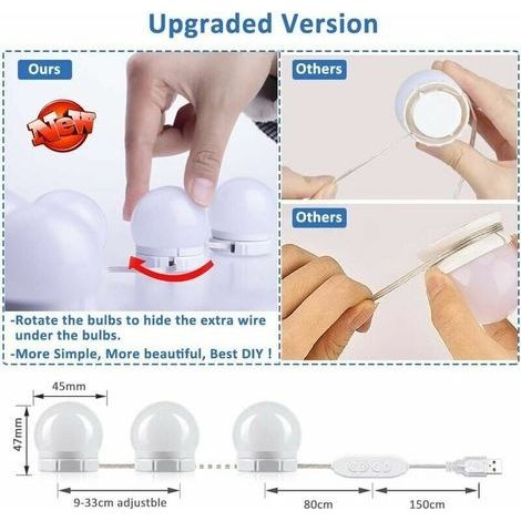 LED-Spiegelleuchte im Hollywood-Stil mit 10 Glühbirnen, perfekt verdeckten Kabeln, 3 Farben und 10 Helligkeitsstufen, USB-Spiegelleuchte für Schminktisch und Make-up, selbstklebende LED-Kugel für Make (1/4)