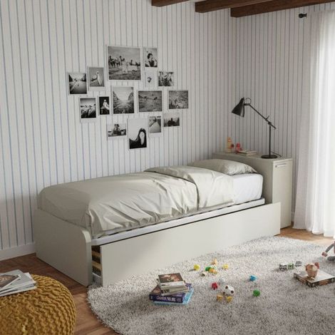 Letto singolo con secondo letto estraibile e testata testiera contenitiva - 80x190 - Ecru cappuccino
