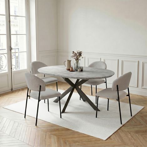 Ensemble de table à manger ronde extensible, plateau rond en MDF finition gris (110-150 cm), style moderne et contemporain pour la salle à manger et la cuisine (4 chaises, Velours côtelé, Gris) (1/5)
