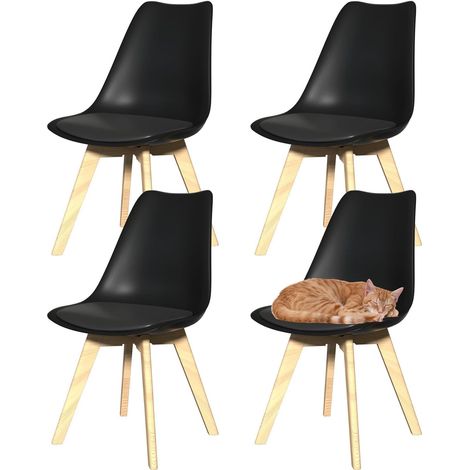 Set of 4 Dining Chairs Modern Plastic Chairs Faux Leather Cushioned Pad Seat Wooden Legs Max.120kg Living Room Kitchen Office Lounge Black