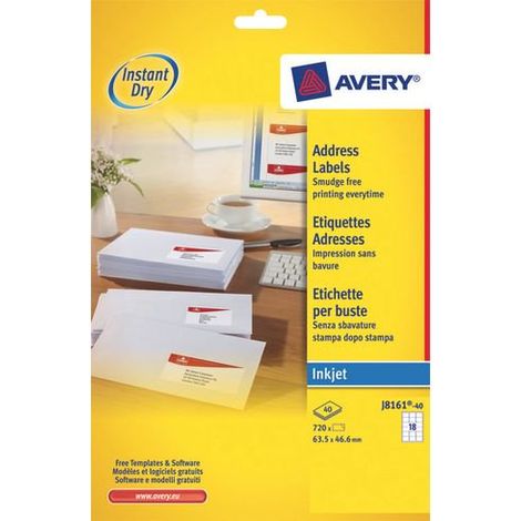 Etiquettes adresses jet d'encre 63,5 x 38,1 mm Avery J8160-40 - Pochette de 840 (1/4)
