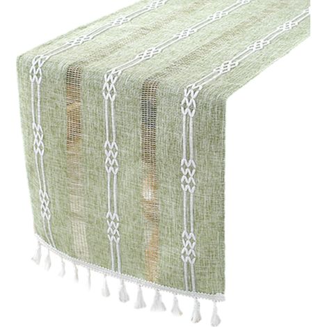 1 Chemin de table, tressé à rayures avec pompons brodés, style bohème rustique, 33 x 180 cm, coton et chanvre, pour mariage et décoration de table (1/5)