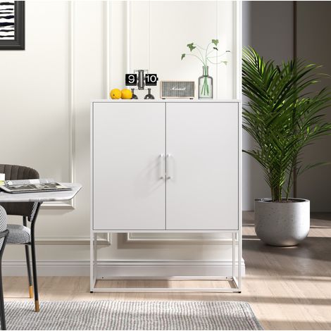 Buffet de rangement 85x40x109 cm blanc en métal avec 2 étagères, portes magnétiques et dispositif anti-basculement (1/5)