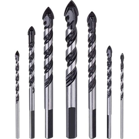 Lot de 7 forets à maçonnerie en carbure de tungstène, pour béton, brique, verre et bois, tige à 3 plats, tailles de 3 à 12 mm (1/5)