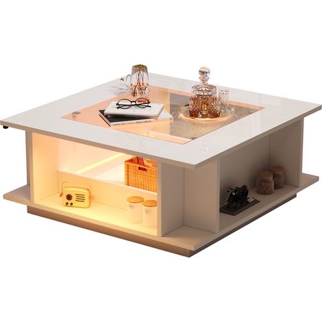 ELVMI Tavolino da Salotto Quadrato con Vani Aperti e Spazio Laterale, Piano in Vetro e LED, Soggiorno, Bianco (1/5)