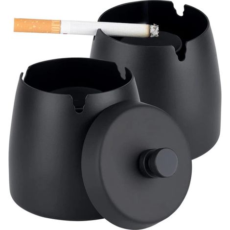 Juego de 2 ceniceros de acero inoxidable con tapa a prueba de humo y resistentes al viento, aptos para uso interior y exterior. (1/5)