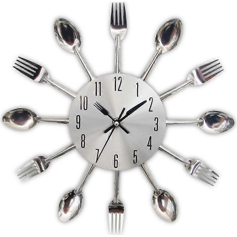 Sticker mural décoratif 3D amovible représentant des couverts de cuisine modernes (cuillère, fourchette), une horloge et un miroir. Décoration murale pour la chambre ou la maison. (1/4)